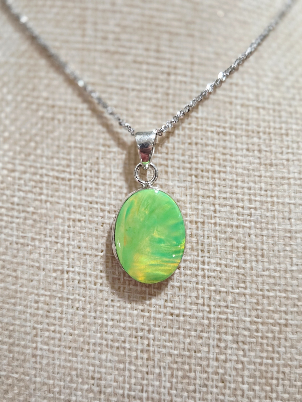 Silver Necklace with Green Opal Oval Pendant